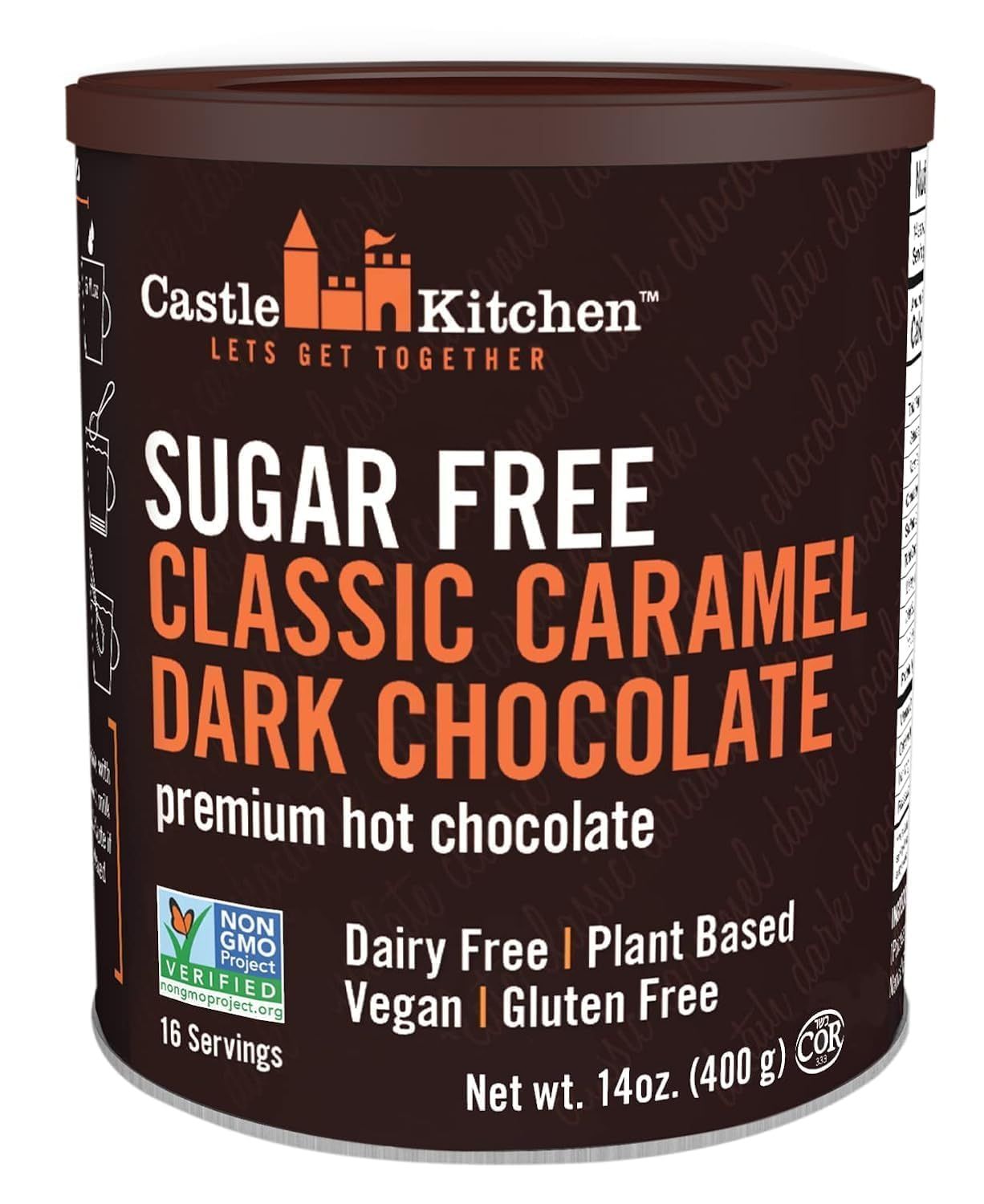 Castle Kitchen Sugar Free Classic Caramel Premium Dark Hot Chocolate Mix with Monkfruit 8 oz - Vegan, Dairy Free, Plant Based - Keto Diabetic - Mix with Milk Substitute - Good Source of Fiber