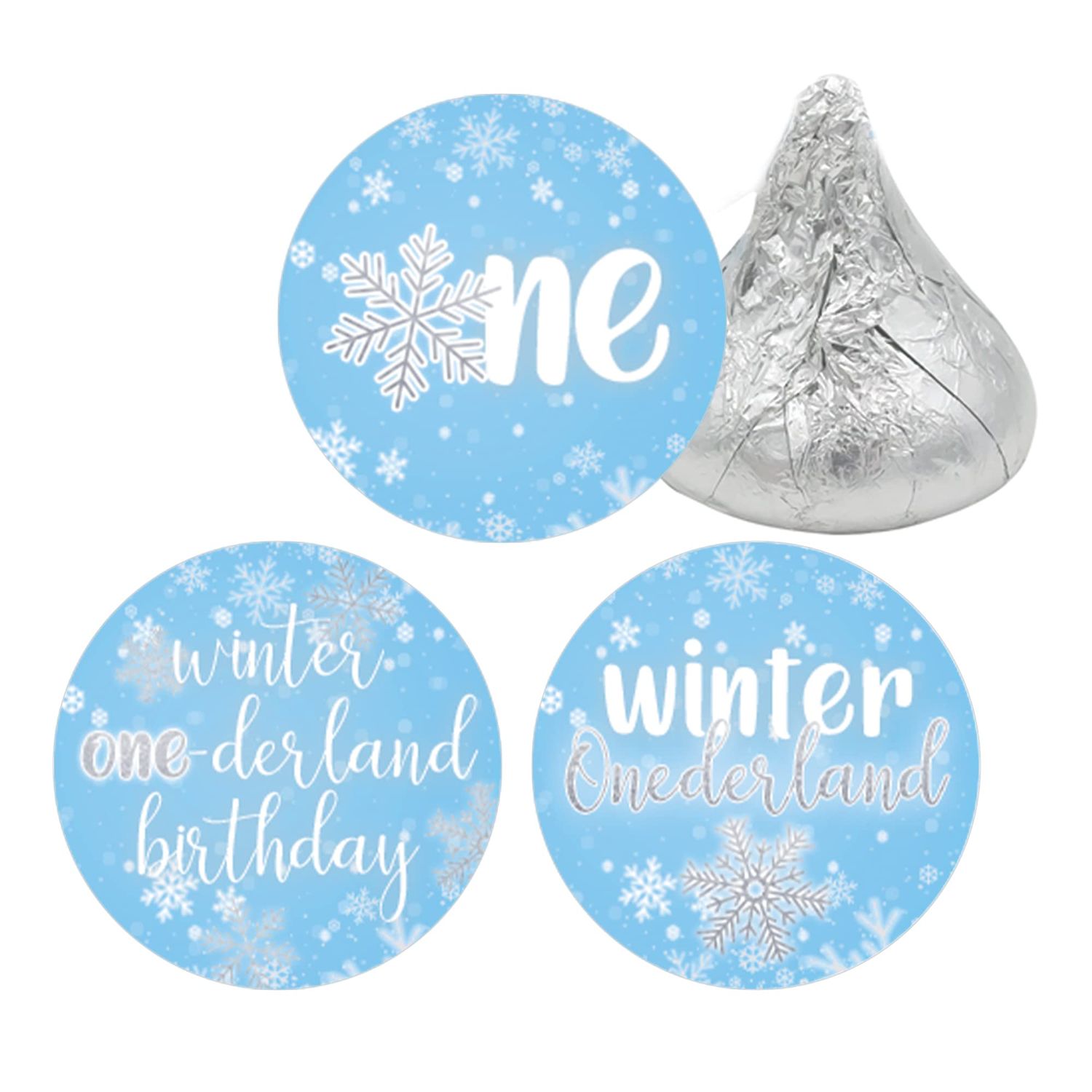 Blue Winter Onederland 1st Birthday Party Chocolate Kisses Candy Stickers - 180 Count