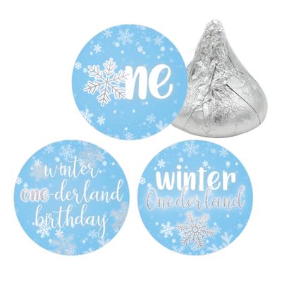 Blue Winter Onederland 1st Birthday Party Chocolate Kisses Candy Stickers - 180 Count