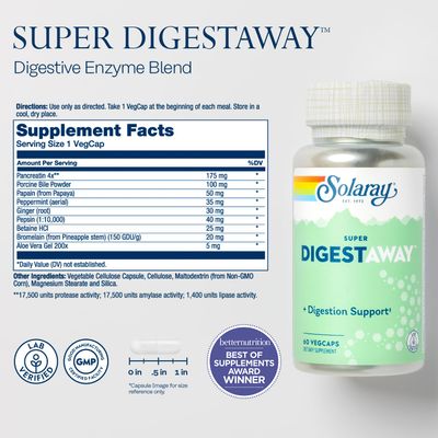 SOLARAY Super Digestaway Digestive Enzymes - Pancreatin, Papain, Ginger, Pepsin, Betaine HCl, Aloe Vera, and More - Digestion Nutrient Absorption Support - Lab Verified - 60 VegCaps