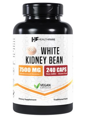 Healthfare White Kidney Bean Extract Supplement, 7500mg 240 Veg Capsules 20x Concentrated Non-GMO Gluten-Free