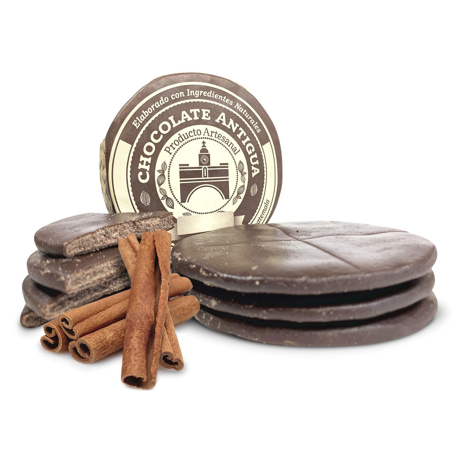 Chocolate Antigua, Handmade Hot Drink Tablets, Mayan Cacao Disc, Hand Carved with All Natural Ingredients for a Perfect Taza - From San Juan del Obispo, Antigua Guatemala Cinnamon Canela Brown