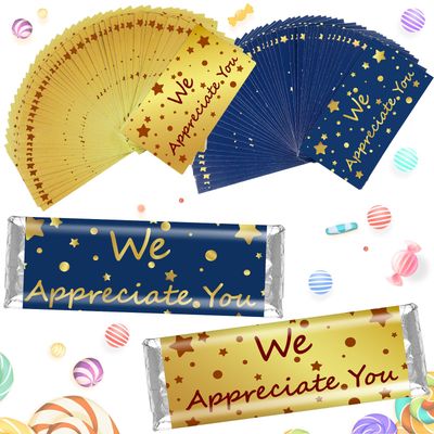Moinchore 100 Pcs Thank You Candy Bar Wrappers We Appreciate You Chocolate Bar Wrappers Blue Gold Candy Wrappers DIY Employee Appreciation Gifts in Bulk Dots Stars Thank You Wrappers for Party Favors