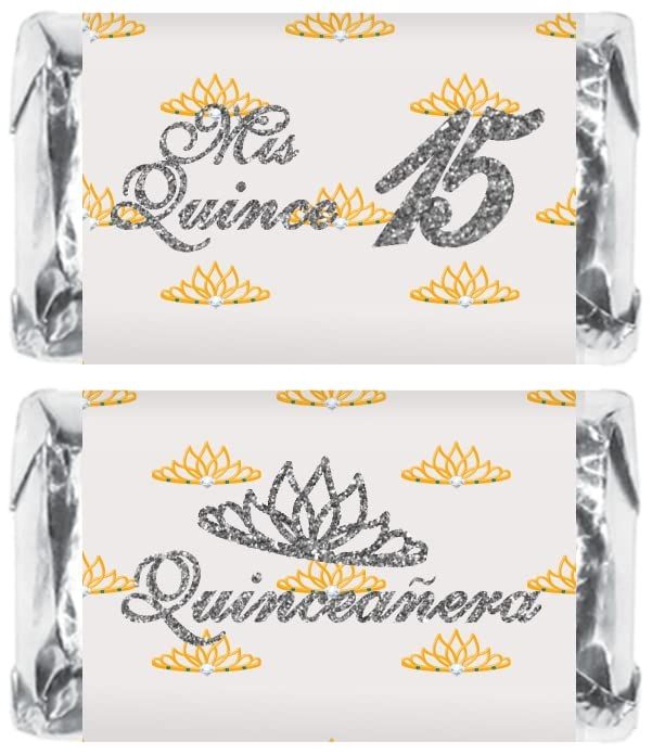 Mis Quince Miniature Candy Bar Wrapper, Quinceanera Mini Chocolate Bar Stickers for 15 Birthday Party, Table Top Event Decorations, Set of 60 Candy Not Included. Silver Made in USA