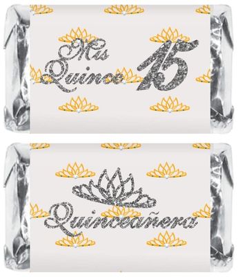 Mis Quince Miniature Candy Bar Wrapper, Quinceanera Mini Chocolate Bar Stickers for 15 Birthday Party, Table Top Event Decorations, Set of 60 Candy Not Included. Silver Made in USA
