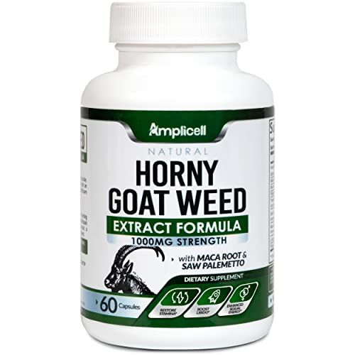 AMPLICELL Horny Goat Weed - Testosterone Booster Male Enhancement Pills with L Arginine, Tongkat Ali Maca Root - Mood Boost Energy Pills - Horny Goat Weed for Men Women - 60 Caps