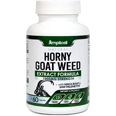 AMPLICELL Horny Goat Weed - Testosterone Booster Male Enhancement Pills with L Arginine, Tongkat Ali Maca Root - Mood Boost Energy Pills - Horny Goat Weed for Men Women - 60 Caps