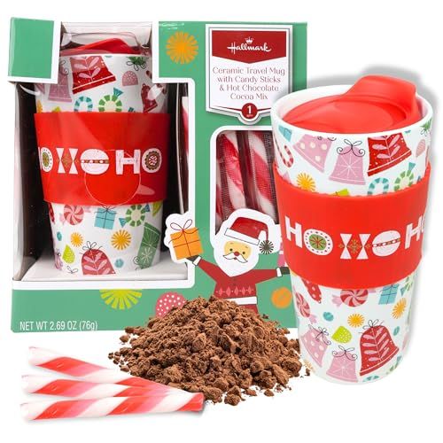 Galerie Hallmark Hot Chocolate Gift Set, Includes Single Serve Packet of Cocoa Powder, Candy Cane Sticks, and Ceramic Travel Mug, Gourmet Stocking Stuffer