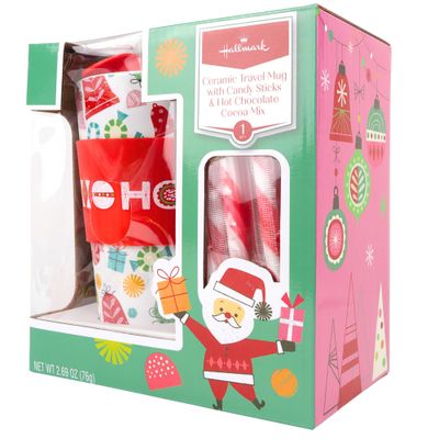 Galerie Hallmark Hot Chocolate Gift Set, Includes Single Serve Packet of Cocoa Powder, Candy Cane Sticks, and Ceramic Travel Mug, Gourmet Stocking Stuffer