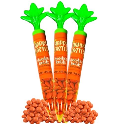 Needzo Plastic Carrot Filled with Orange Easter Chocolate Pieces, Crunchy Shell Candy Coated Chocolate in Tubes Shaped Like Carrots, Basket Stuffer Candies, Pack of 3