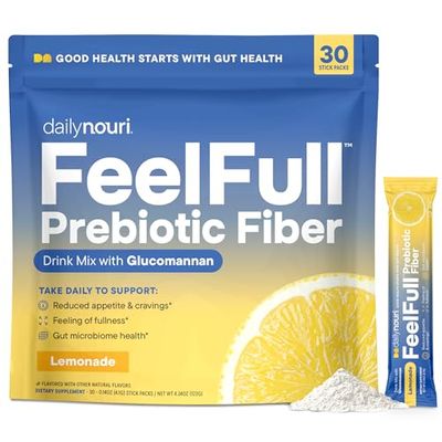 Daily Nouri FeelFull Prebiotic Fiber Drink Mix with Glucomannan Chromium for Natural Feeling of Fullness, Appetite Cravings Support, Gut Microbiome Metabolic Health 30 Stick Packs
