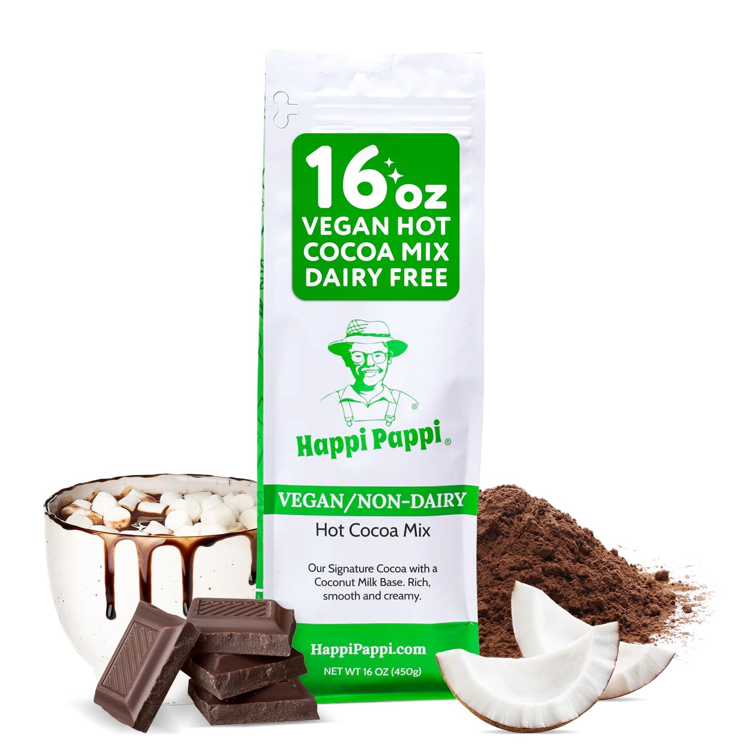 Happi Pappi - Vegan Hot Cocoa Mix, Coconut Milk Base Rich and Smooth Chocolate Powder for Drinks Baking, Indulgent Cacao Treats for Cozy Nights and Warm Beverages, 16 oz Bag