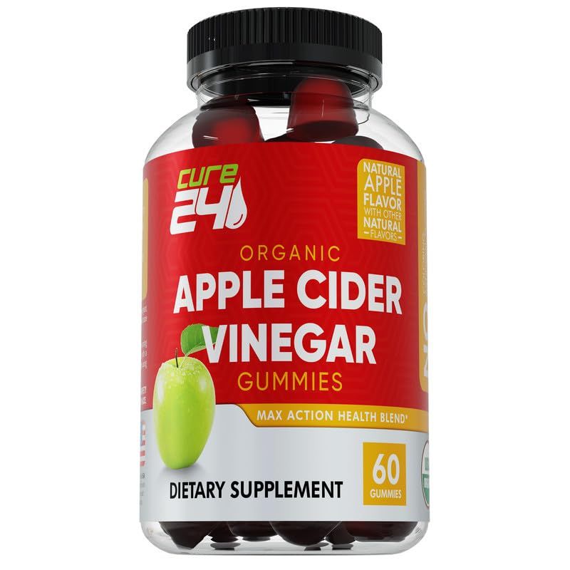 Cure24 Organic Apple Cider Vinegar Gummies, Vegan Non-GMO, Gluten Free, Gelatin Free, ACV Supplement Gummies for Adults, 60 Count, Made in USA, 60 Gummies