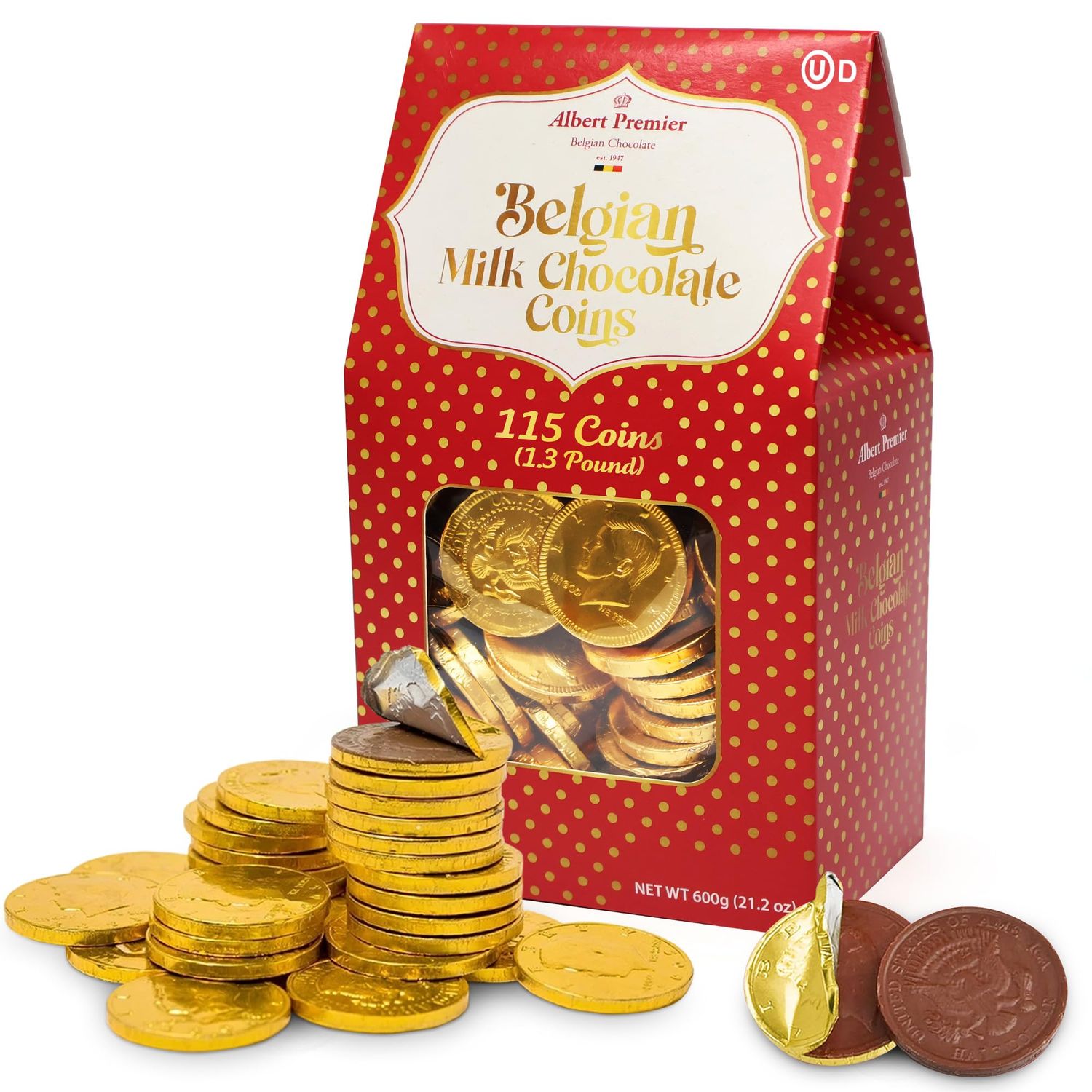 Albert Premier Belgian Chocolate Gold Coins Bulk - 1.3 Pound Approx 115 Individually Wrapped Coins Box For St. Patrick Party Favors, Pots of Gold Treats