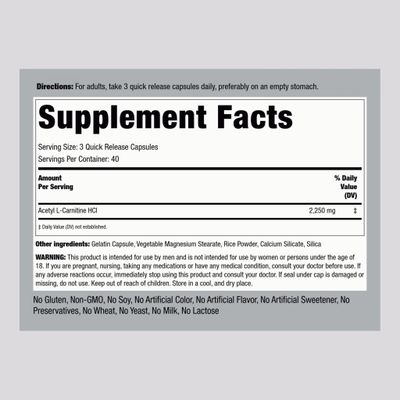 Piping Rock Acetyl L-Carnitine HCL 2250mg 120 Capsules Therapeutic Supplement Non-GMO, Gluten Free