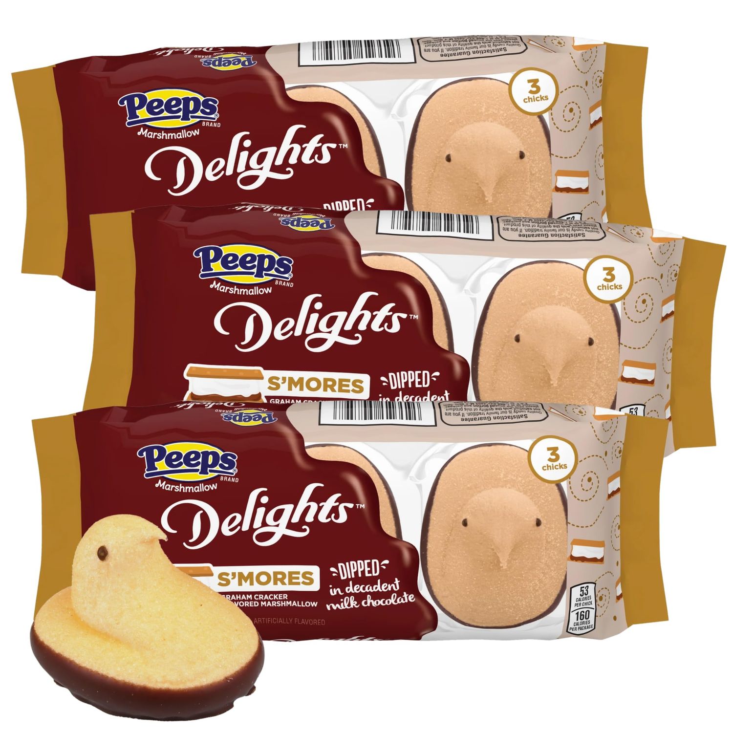 Peep Delights S mores, Chocolate Dipped Marshmallow Chicks, Classic Easter Basket Stuffers, 3 Count, 1.5 Ounces Pack of 3