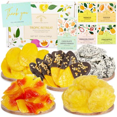TropiJoy Dried Fruit Gift Box - 5 Exotic Dried Fruit Snacks - Chocolate Dipped Dried Mango - Dry Fruit Basket Gift for Women Couples Familes Hostess - Perfect for Mothers Day, Easter or Fathers Day