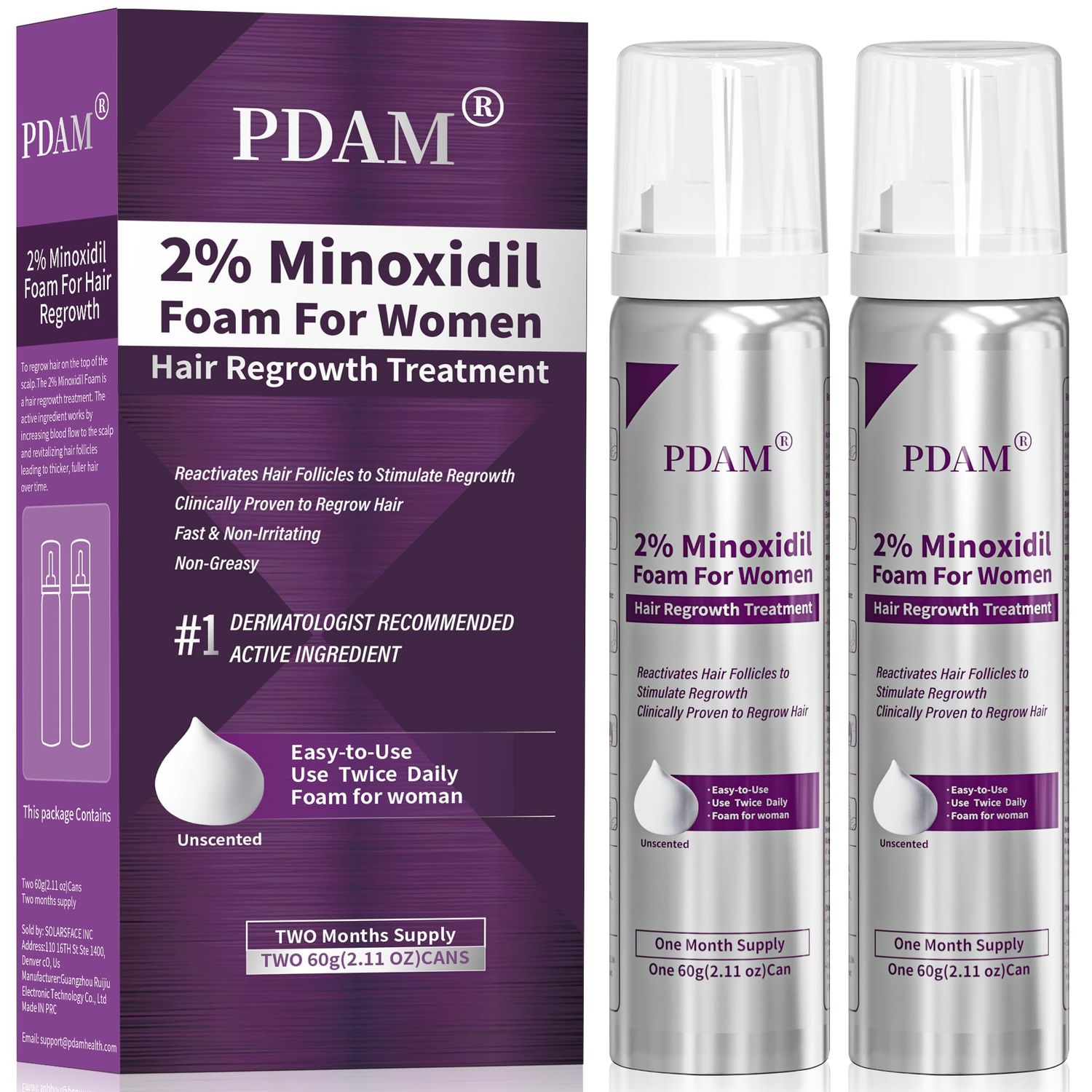 2 Minoxidil for Women Foam Hair Growth - Minoxidil Hair Regrowth Treatment for Women, Topical Solution Hair Loss Treatments, Thicker and Fuller Hair, 2 x 2.11 oz for 2 Months Use