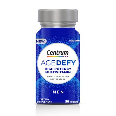 Centrum Age Defy for Men, 2-in-1 High Potency Multivitamin Healthy Aging Supplement, Multivitamin Blend with Resveratrol, and Niacin for NAD Level Support, Aluminium Bottle, 56 Tablets