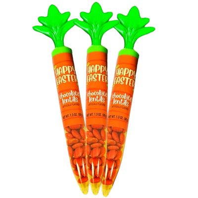 Needzo Plastic Carrot Filled with Orange Easter Chocolate Pieces, Crunchy Shell Candy Coated Chocolate in Tubes Shaped Like Carrots, Basket Stuffer Candies, Pack of 3