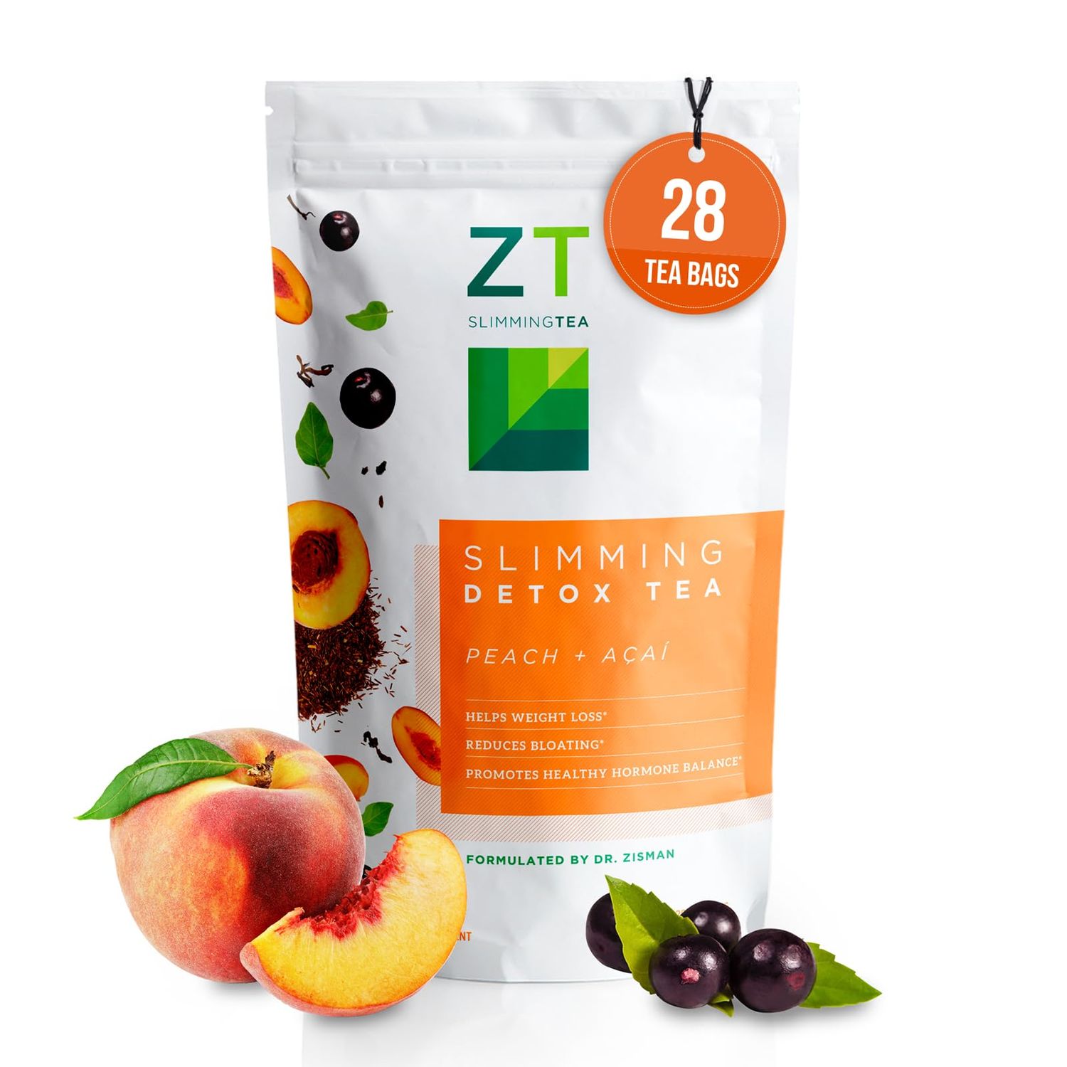 Dr. Zisman ZT Slimming - Peach and Acai Herbal Tea Blend with Ashwagandha, Rooibos and Acai - 28 Day Wellness Blend 28 Tea Bags