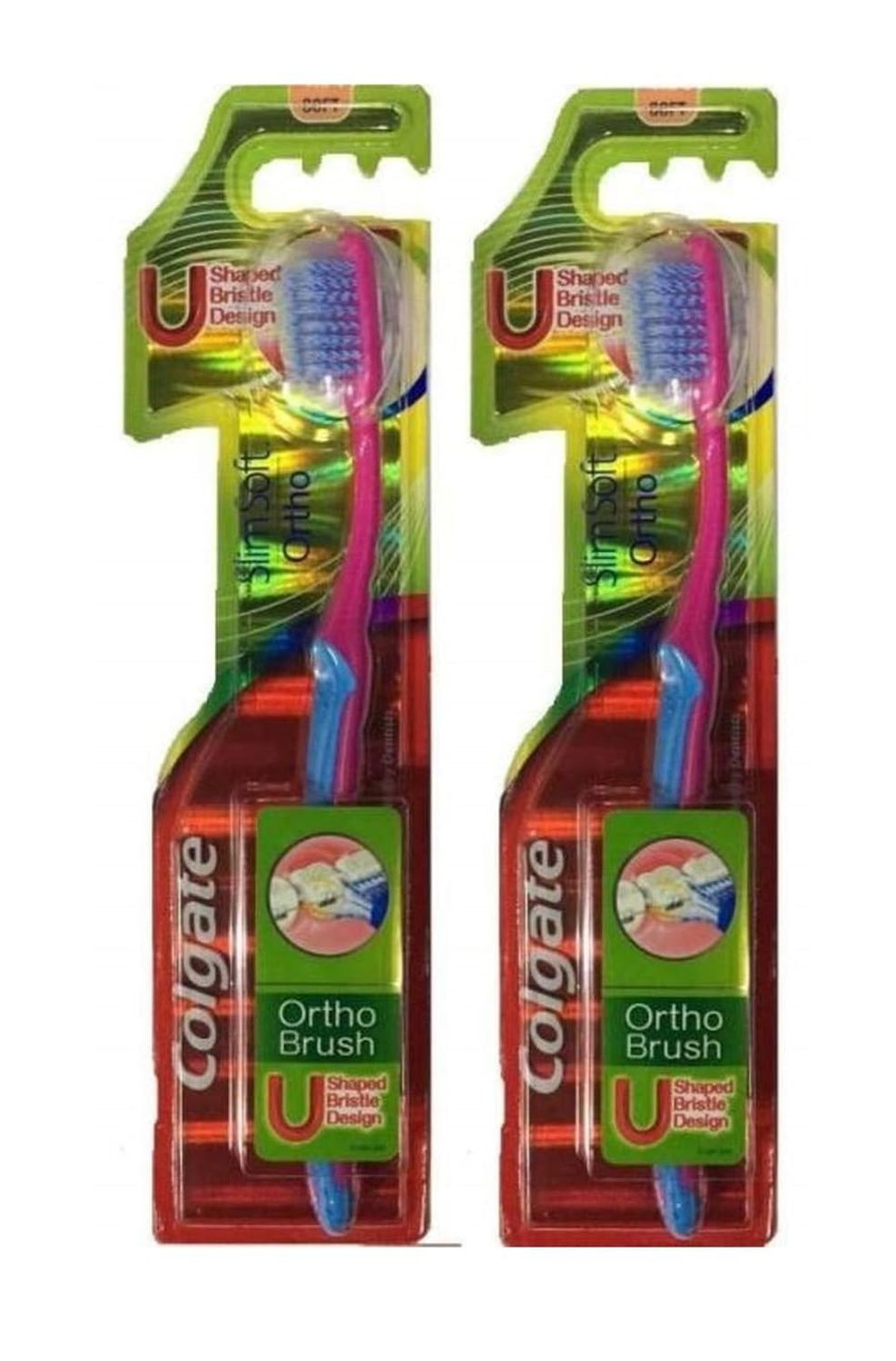Colgate Ortho Brush Slim Soft Toothbrush 100 Whole Mouth Cleaner Cheek Tongune Cleaner Shaped Bristle Design Manual Pack of 2pcs