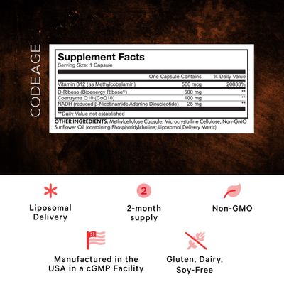 Codeage Liposomal NADH Supplement - NADH, Vitamin B12, D-Ribose as Bioenergy Ribose, CoQ10-2-Month Supply - Liposomal Delivery - -Nicotinamide Adenine Dinucleotide Pills - Non-GMO - 60 Capsules