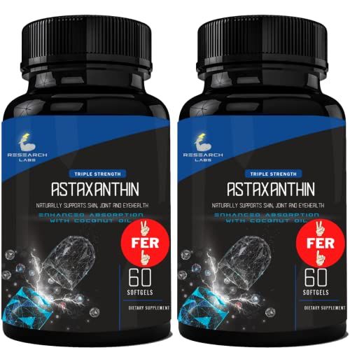 Research Labs Triple Strength Natural Astaxanthin 12mg Softgels Extra Bottle Organic Coconut Oil for Enhanced Absorption Powerful Antioxidant Supports Eye Joint Heart Health 120 Total Softgels