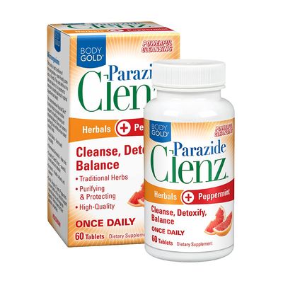 Body Gold Parazide Clenz Herbals Peppermint Intestinal Cleanse Detox wBlack Walnut More 30 Serv, 60 Tablets