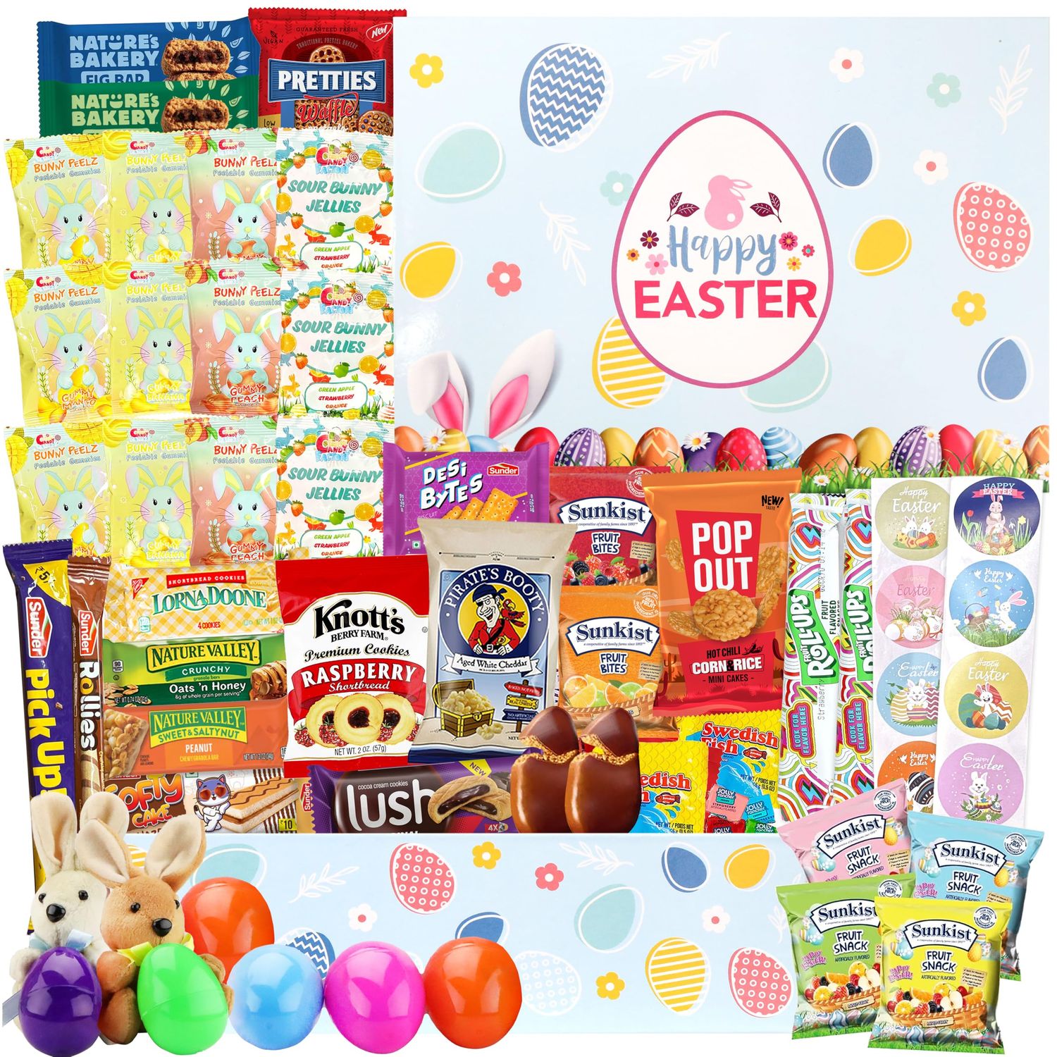 Easter Snack Box 72 Count Filled with Candy, Treats and Bunny, Great Package for Family, Friends, Kids, Boys and Girls