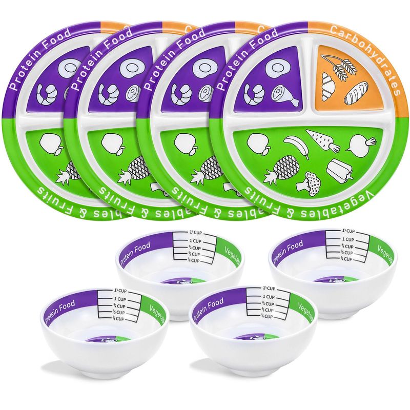 Tioncy 8 Pcs Bariatric Portion Control Set with 4 Bariatric Plates 4 Portion Control Bowls for Adults Diet Balanced Eating Weight Loss Serving PlansClassic