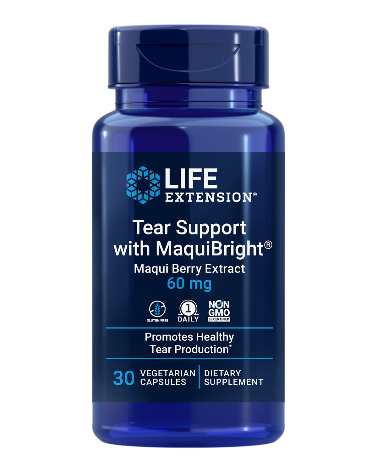 Life Extension Tear Support with MaquiBright , 60 mg, Maqui Berry Extract for Dry Eyes, Supports Eye Health, Encourages Tear Production, Gluten-Free, Non-GMO, 1 Daily, Vegetarian, 30 Capsules