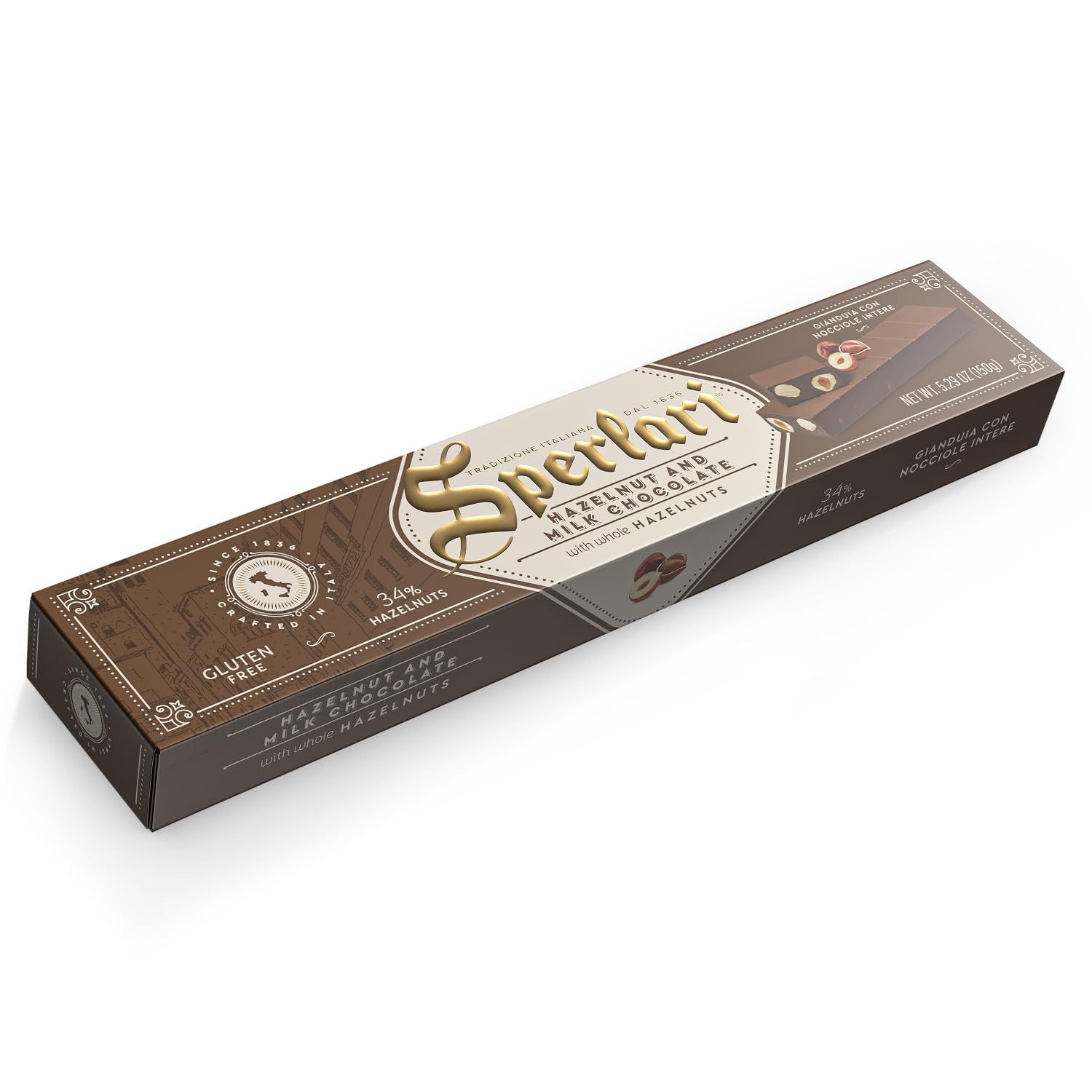 Sperlari Milk Chocolate &amp; Hazelnuts - Soft Nougat and Nuts Chocolate Candy Bar - Holiday Sweet Treat Traditional Italian Candy - Chocolates For Gifting - 5.29oz (150g) 1 Pack