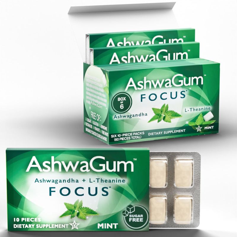 AshwaGum FOCUS Gum by BetterGum, High Potency Brain Supplement with KSM 66 Ashwagandha and L Theanine, Supports Concentration and Memory, Alternative to Gummies, Sugar-Free, 10 Pieces - 6 Pack