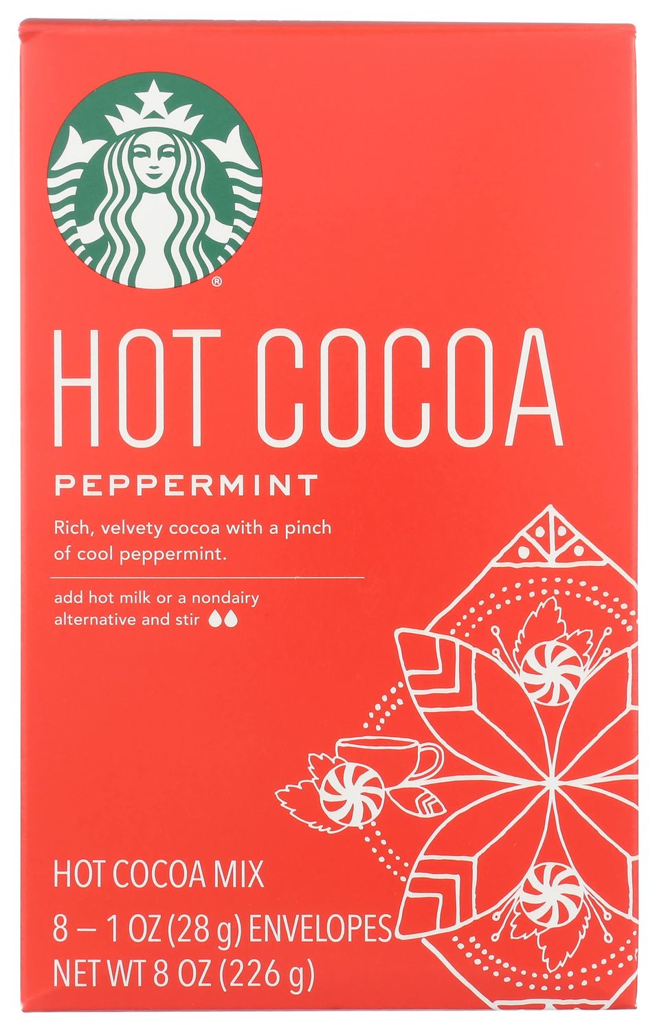 Starbucks Hot Cocoa Mix Packets, Peppermint Flavor, Rich and Velvety, 8 Individual Packets Per Box, 8 Ounce Pack of 1
