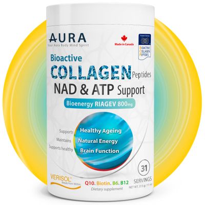 AURA VERISOL Bioactive Collagen Peptides Powder with Patented NAD ATP Boosters, Advanced Cellular Rejuvenation System, Healthy Aging DNA Repair, Unflavored, Made in Canada, 31 Servings.