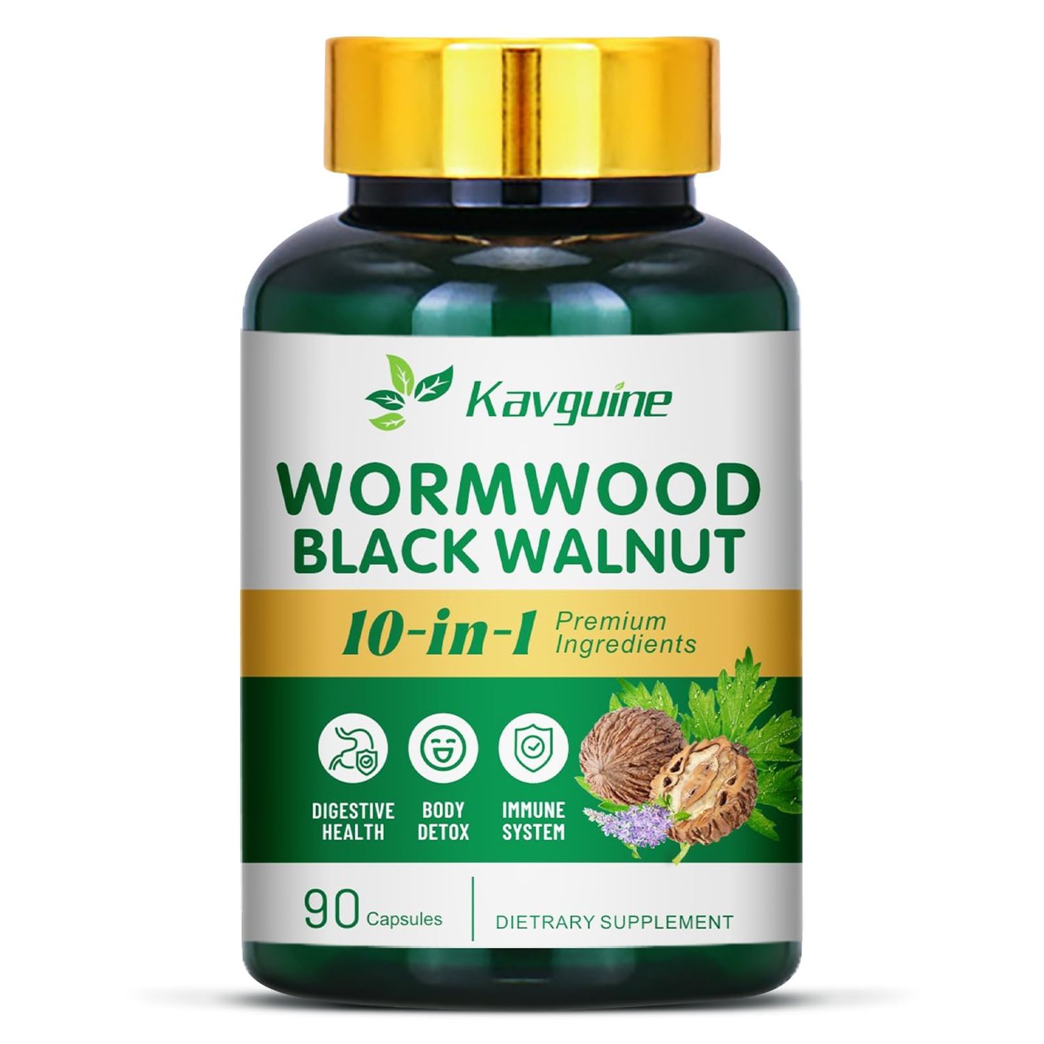 Kavguine,10 in 1 Wormwood Capsules, Black Walnut Hulls Cloves Black Pepper urmeric Curcumin Root Peppermint Leaf, DIigestive Health, Body Detox, 90 Capsules
