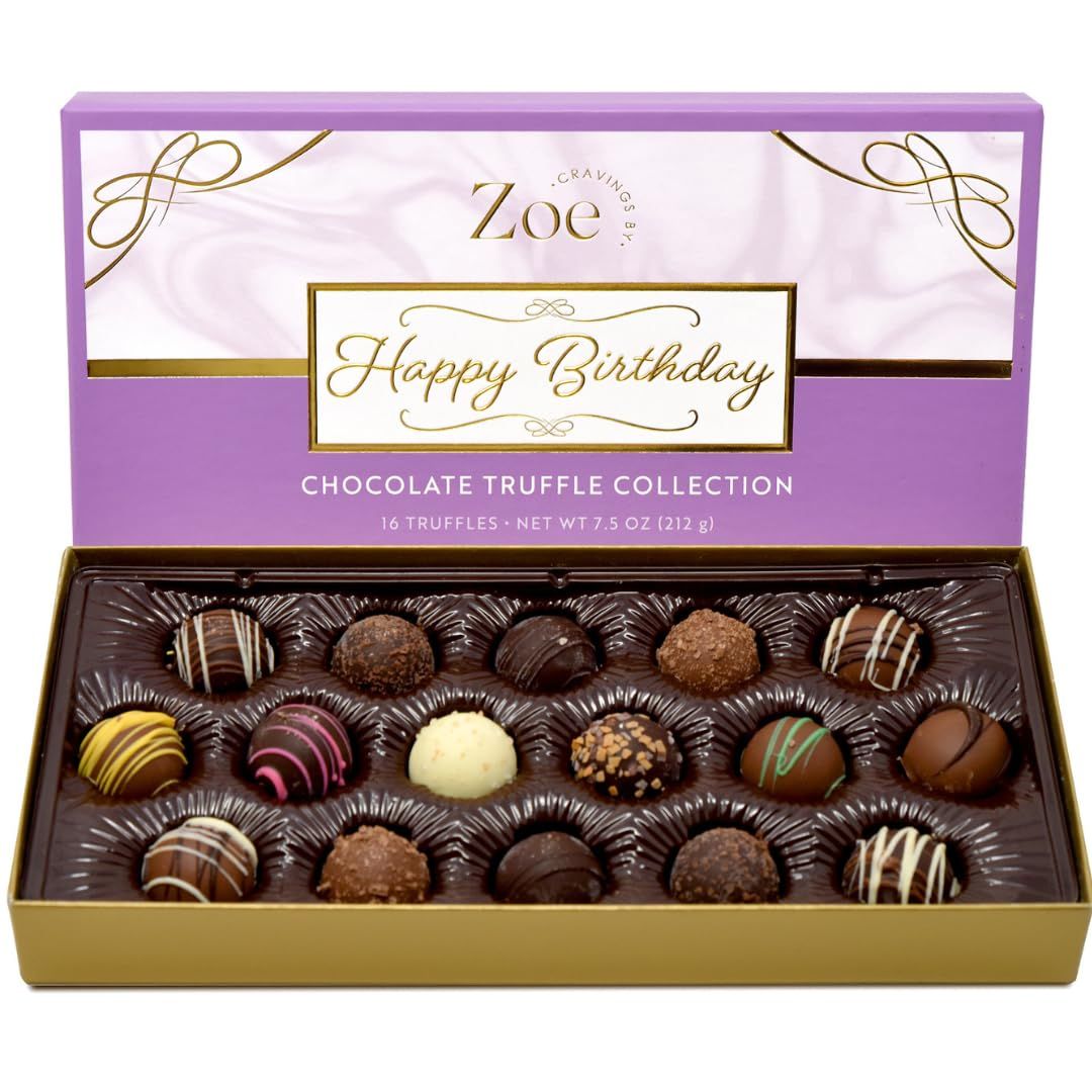 CRAVINGS BY ZOE Happy Birthday Chocolate Truffles Gift Box  16 Count  Assorted Gourmet Milk &amp; Dark Chocolate Candy Food Gift Basket  Birthday Gifts for Women &amp; Men Mom Dad Kid Him Her Adult Family