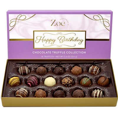 CRAVINGS BY ZOE Happy Birthday Chocolate Truffles Gift Box  16 Count  Assorted Gourmet Milk &amp; Dark Chocolate Candy Food Gift Basket  Birthday Gifts for Women &amp; Men Mom Dad Kid Him Her Adult Family