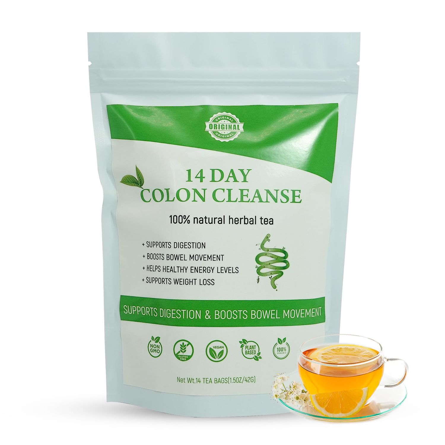 Laicuherb Organic 14 Day Colon Cleanse Tea for Body Cleanse Detox, Natural Colon Detox Tea with Herbal Blend for Men Women Digestive Health Gental Gut Cleanse, Caffeine Free