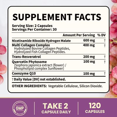 VEV NAD Supplement with Resveratrol Collagen - Supports Cellular Energy Healthy Aging, Liposomal NAD Capsules for Enhanced Absorption - 120 Capsules
