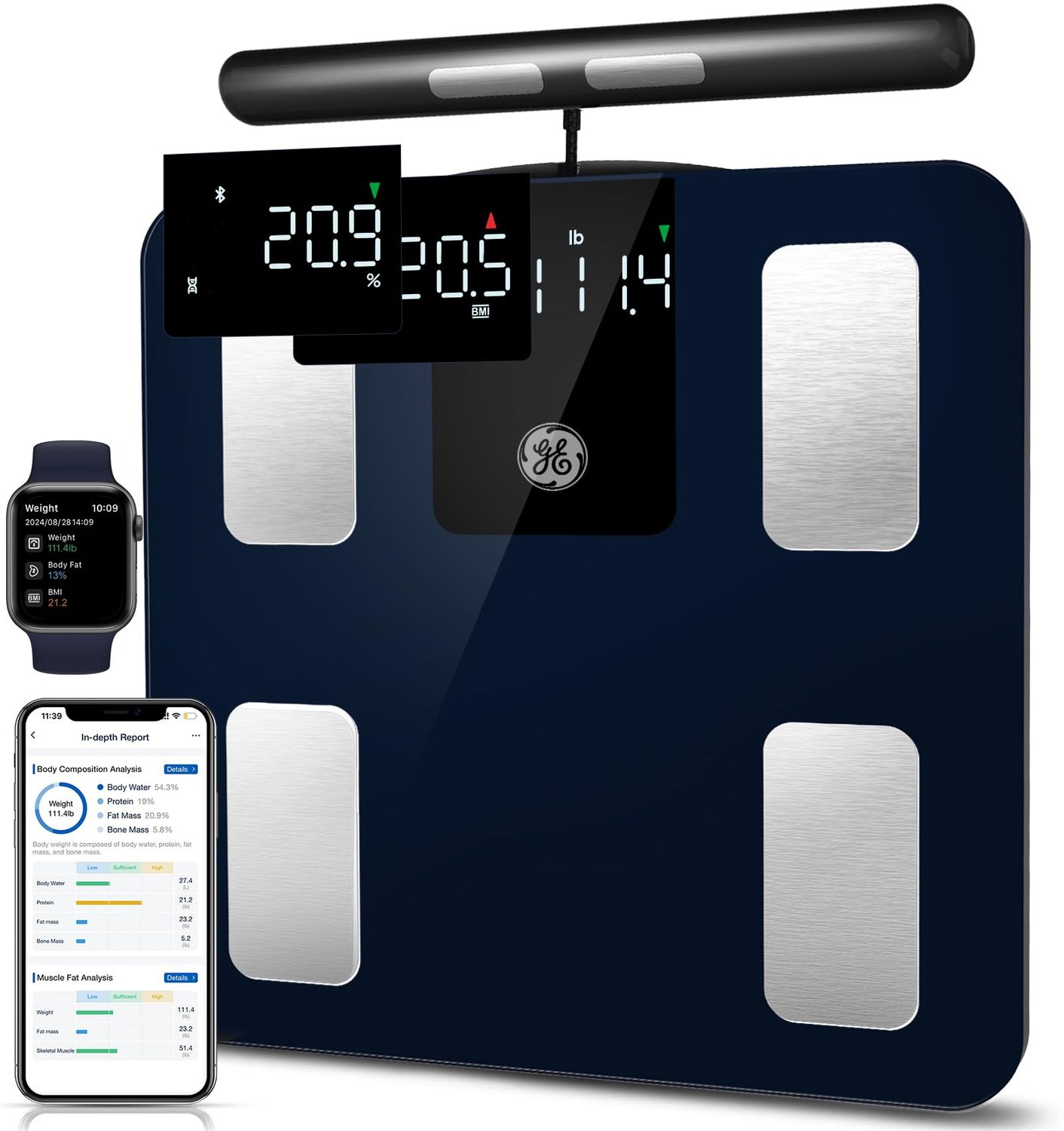 GE Smart Scale for Body Weight: 8-Electrode Digital Bathroom Scale for Weight Fat BMI Muscle Mass Full Body Composition Analyzer 27 Measurements Bluetooth Highly Accurate Weighing Machine, 400 lbs