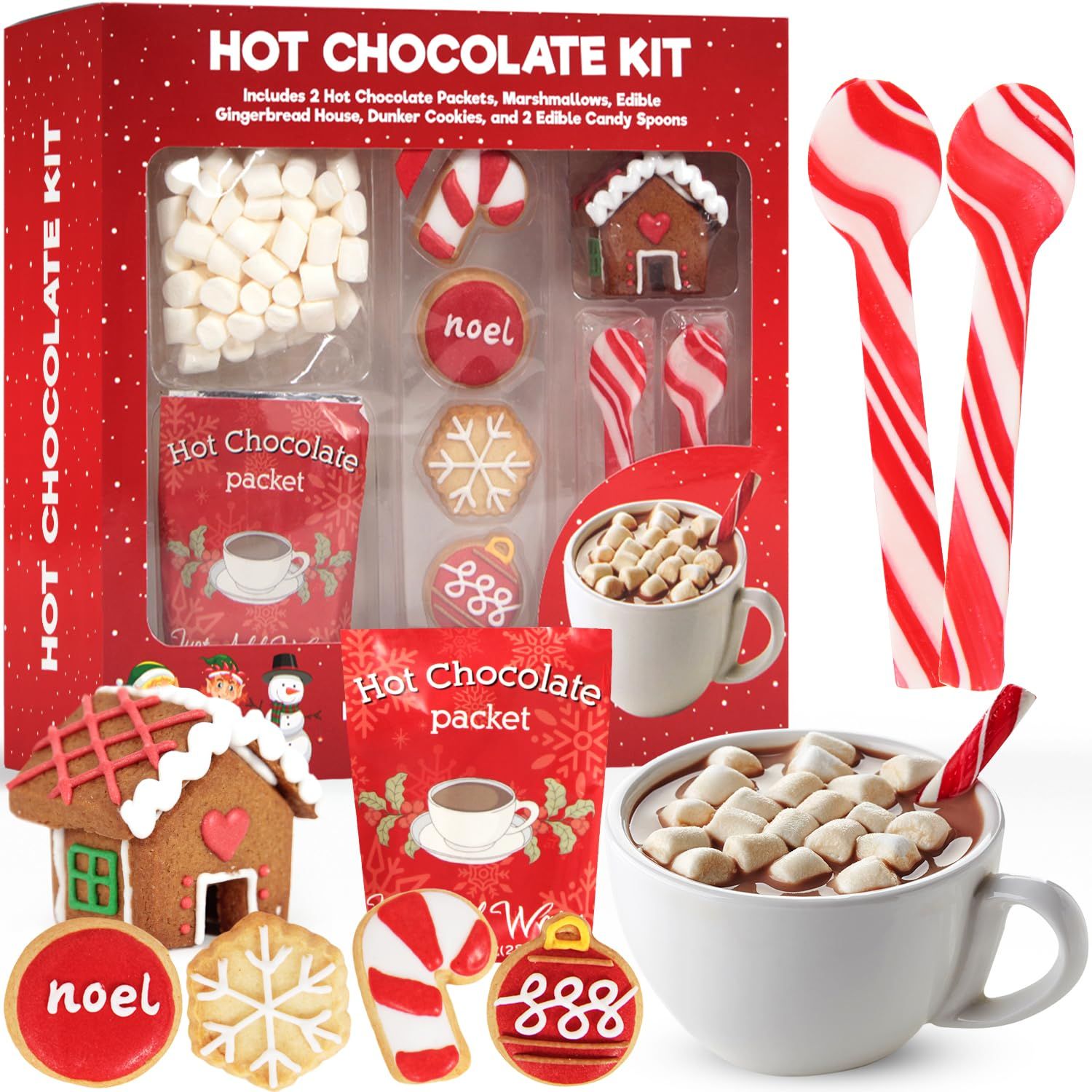 Hot Chocolate Kit, Premium Holiday Hot Cocoa Gift Sets With Hot Chocolate Packet, Edible Gingerbread House, Dunker Cookies, and Peppermint Candy Cane Spoons Gift