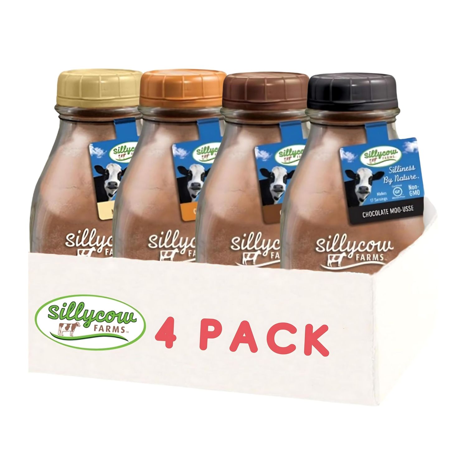 Sillycow Farms Hot Chocolate Variety Pack Chocolate,Truffle, Moo-Usse Marshmallow Swirl Rich Hot Cocoa Gluten-Free, Non-GMO, Dairy-Free 16.9 Oz Reusable Glass Bottle - Pack of 4