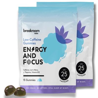 Breakroom Labs Energy and Focus Gummies - Low Caffeine 25mg wL-Theanine, Lions Mane, Vitamin B12 - Nootropic Brain Supplement for Adults, Kids - Vegan, Low Sugar, Blue Raspberry Flavor, 30 Servings