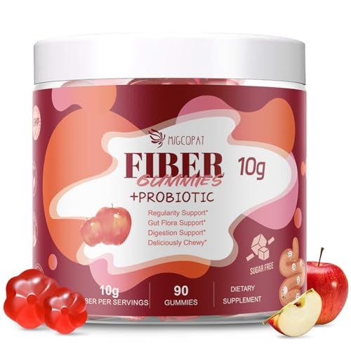 Migcopat Fiber Gummies with Probiotics,10G Fiber per Serving No Sugar Added Apple Flavor, with 10 Billion CFU Probiotics Blend, Apple Cider Vinegar, Vitamin C, Inulin, Bloating Support 90 Count