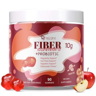 Migcopat Fiber Gummies with Probiotics,10G Fiber per Serving No Sugar Added Apple Flavor, with 10 Billion CFU Probiotics Blend, Apple Cider Vinegar, Vitamin C, Inulin, Bloating Support 90 Count