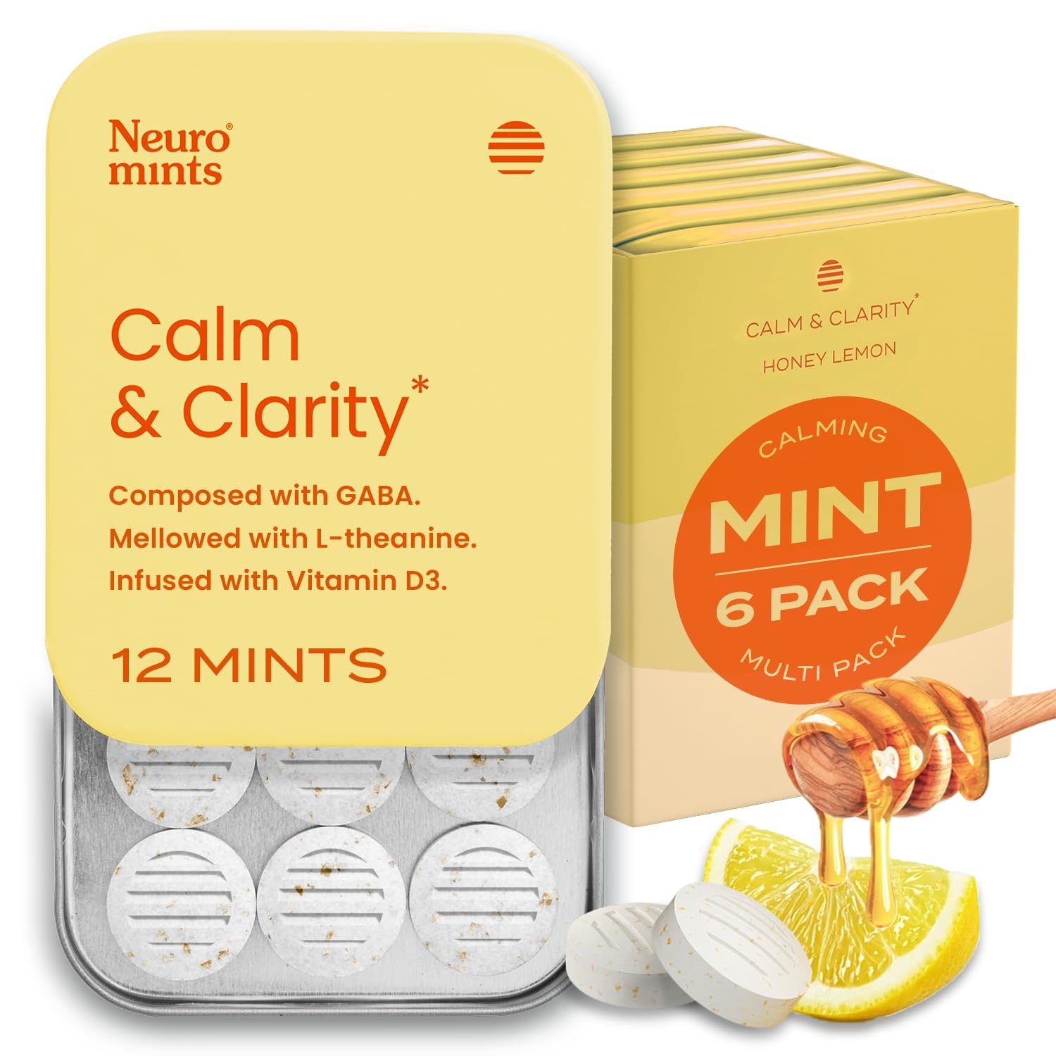 NeuroGum Calm Clarity Mints 72 Pieces - Sugar Free with L-theanine GABA Vitamin D3 - Nootropic Brain Supplements for Memory - Enhances Calm, Stress Relief for Men Women - Honey Lemon