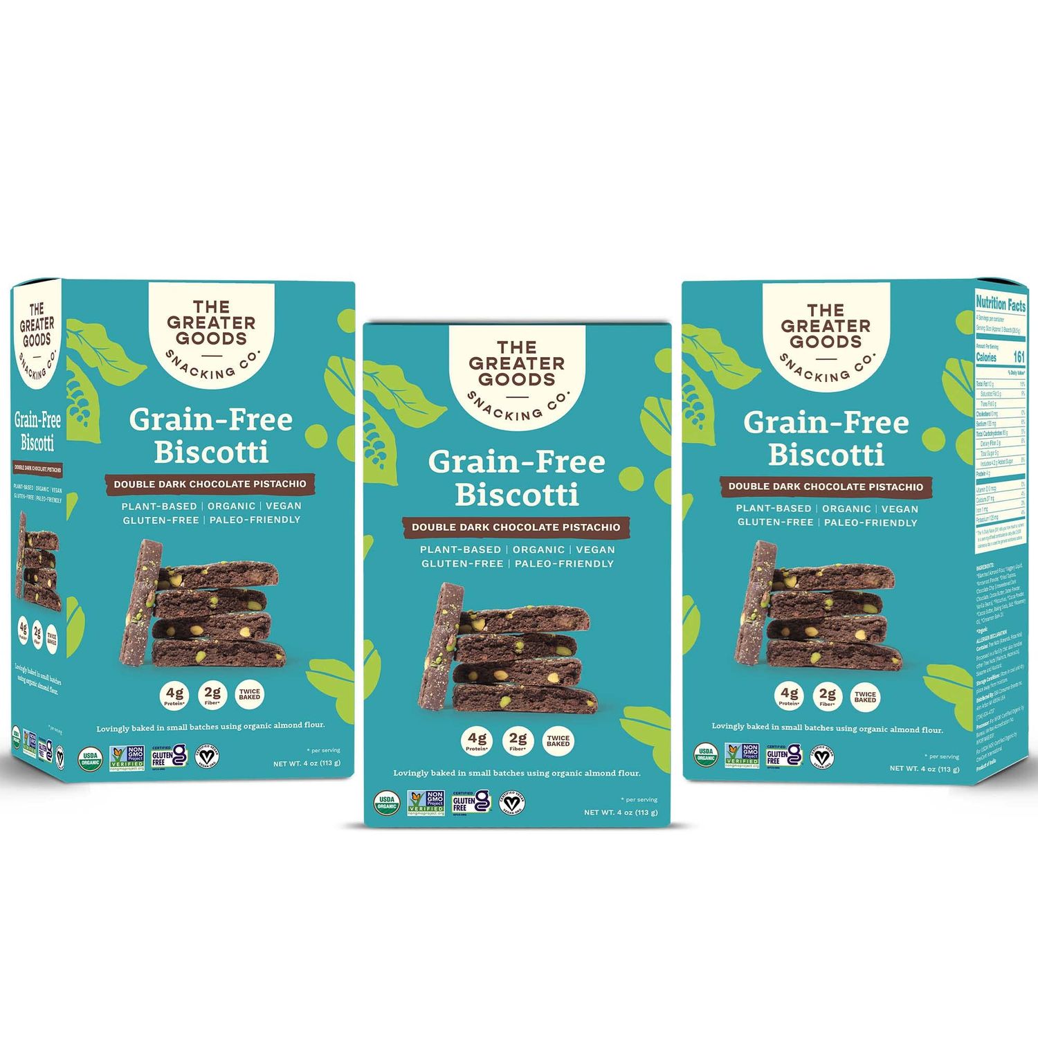 The Greater Goods Snacking Co. Double Dark Chocolate Pistachio Biscotti - Organic, Vegan, Grain Free, Gluten Free, and Paleo Friendly - Delicious Small Batch Almond Flour Baked Snacks - 3-Pack