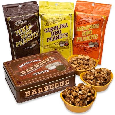 BBQ Peanuts, Food Gift Basket for Men in Tin Box, Unique Texas, Memphis, Carolina Barbeque Flavors, Easter Birthday Gift for Men, Gourmet Nuts Mix, Healthy, Party Snacks, Beer Basket